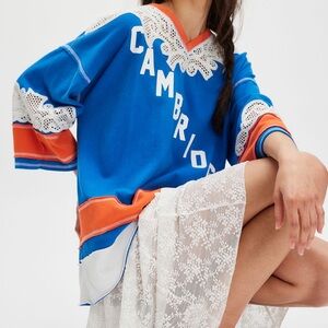 We The Free Stanley Tee: Blue and Orange Lace Panel Jersey Shirt